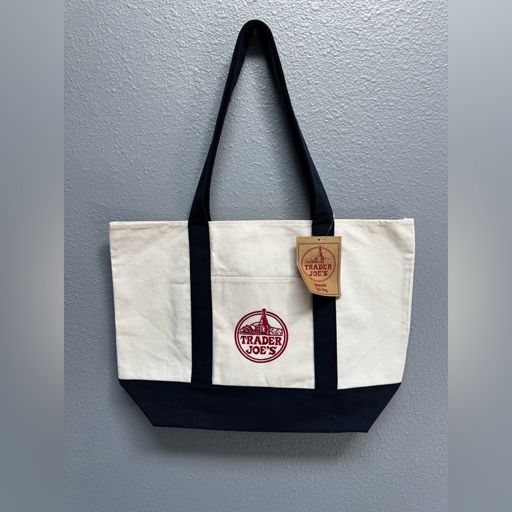 Trader Joe's Canvas Tote Bag in Cream and Navy Blue color 
Regular Size